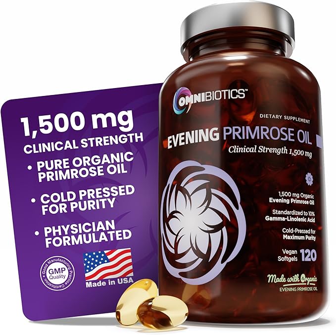 OmniBiotics Organic Evening Primrose Oil for Women – Clinical Strength 1500mg per Capsule, 10% GLA, Cold-Pressed, Non-GMO, Hormone Balance for Women – 120 Vegan Softgel Capsules