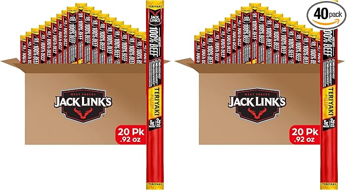 Jack Link's Beef Sticks,Teriyaki - Protein Snack,Meat Stick with 5g of Protein,Beef Jerky Meat Snack Sticks Made with 100%-Beef,Keto Friendly,Individually Wrapped - 0.92 Oz.,(Pack of 40)