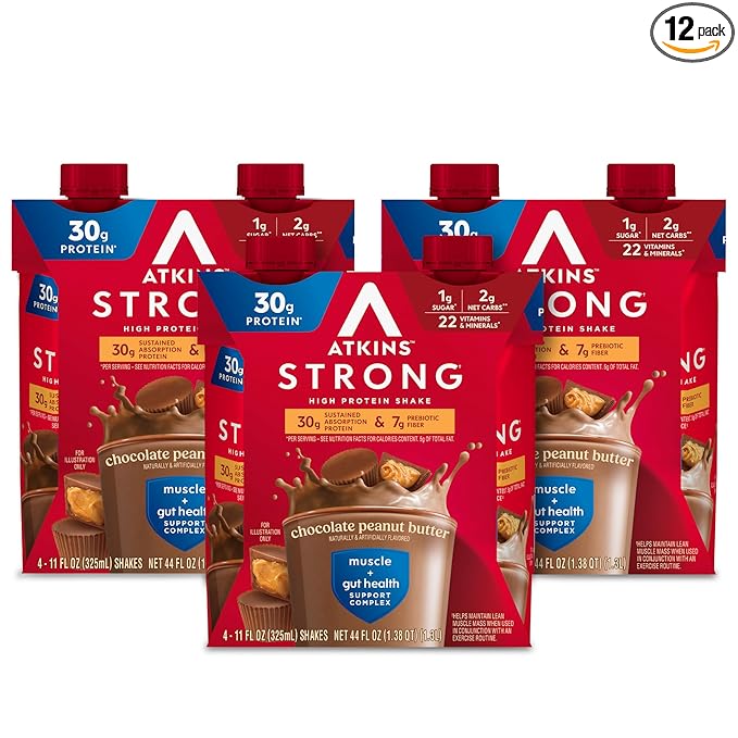 Atkins Strong High Protein Shake, Chocolate Peanut Butter Flavor, 30g Protein, GLP-1 Support, Low Carb and Low Sugar Shake, Keto Friendly, Gluten Free, Muscle and Gut Health Support, 12 Count