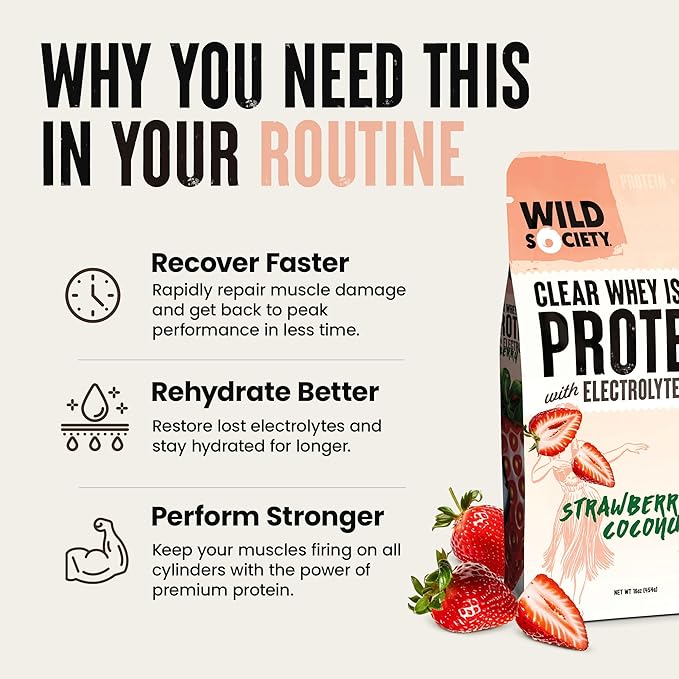 WILD SOCIETY - Clear Protein Powder + Electrolytes - 20g Clear Whey Protein Isolate Drink - Zero Sugar - 0g Lactose - Natural Ingredients - Travel Pack - 10x Singe Serves - Lemon Lime