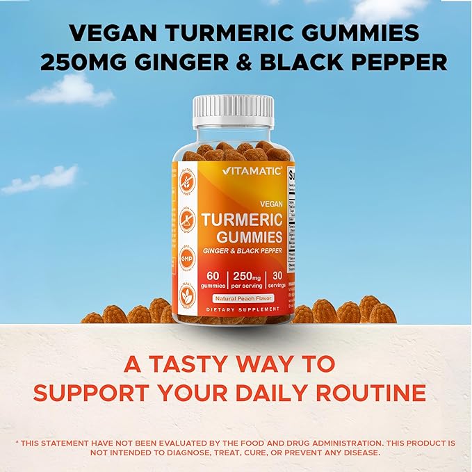 Vitamatic Turmeric Gummies with Ginger & Black Pepper Extract – 60 Vegan Gummies 95% Curcuminoids – Powerful Antioxidant & Inflammatory Support
