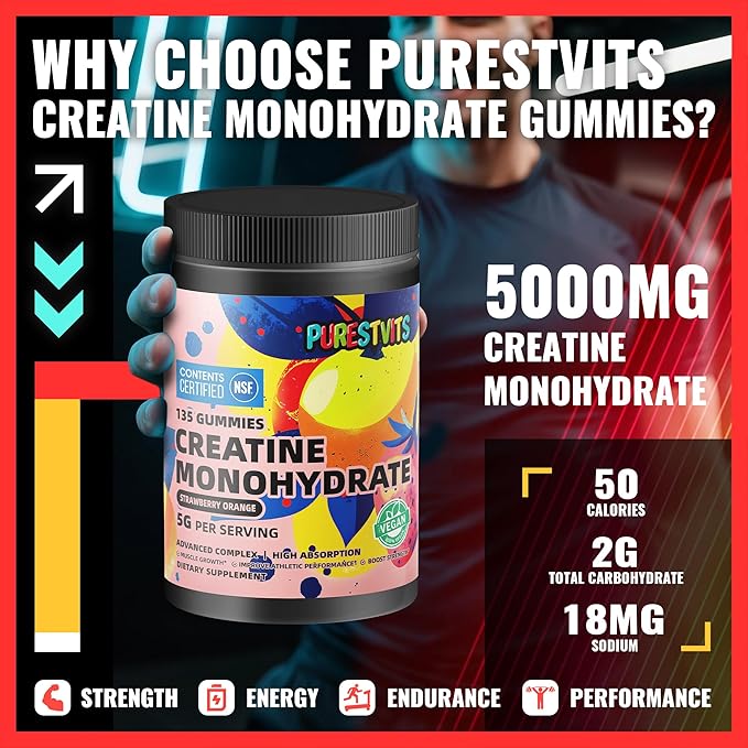 NSF Certified Creatine Gummy 5g - Creatine Monohydrate Gummies – Pre-Workout Energy & Muscle Growth Support for Men & Women | Strawberry Orange Electrolyte Gummies (135 Count)