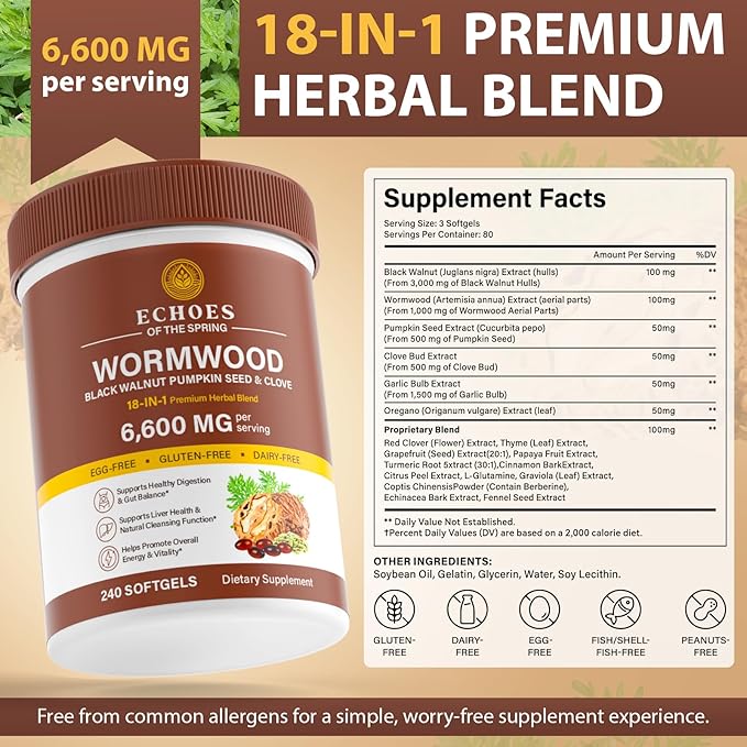 Wormwood Black Walnut Clove Cleanse for Humans – 18-in-1 Herbal Gut Health & Digestive Support Formula, 6600mg per Serving, 240 Softgels 80 Day Supply, with Pumpkin Seed, Garlic & Oregano