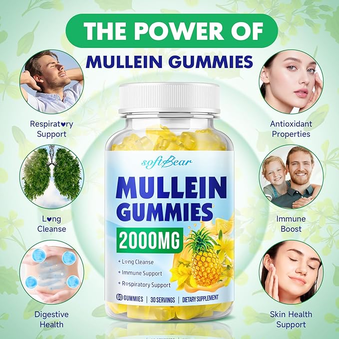 softbear Mullein Gummies for Lungs, 2000mg Mullein Leaf Extract Supplement for Respiratory & Digestive & Immune Support, Organic, Vegan, Sugr-Free, Pieneapple Flavor 60 Count