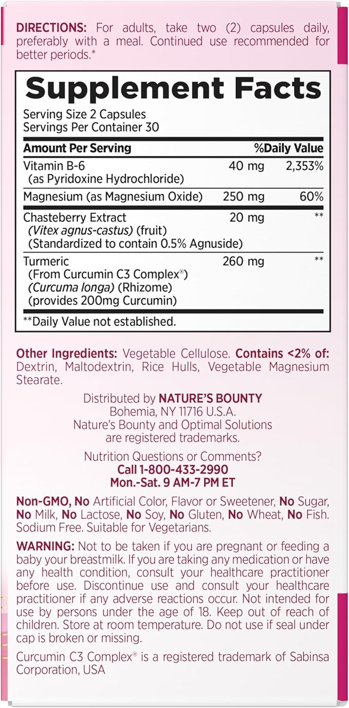 Nature's Bounty Optimal Solutions Advanced PMS Relief for Menstrual Cycle Support, PMS Support Supplement for Women, Bloating Relief – Chasteberry, Hormone-Free, 60 Vegetarian Capsules (Pack of 3)