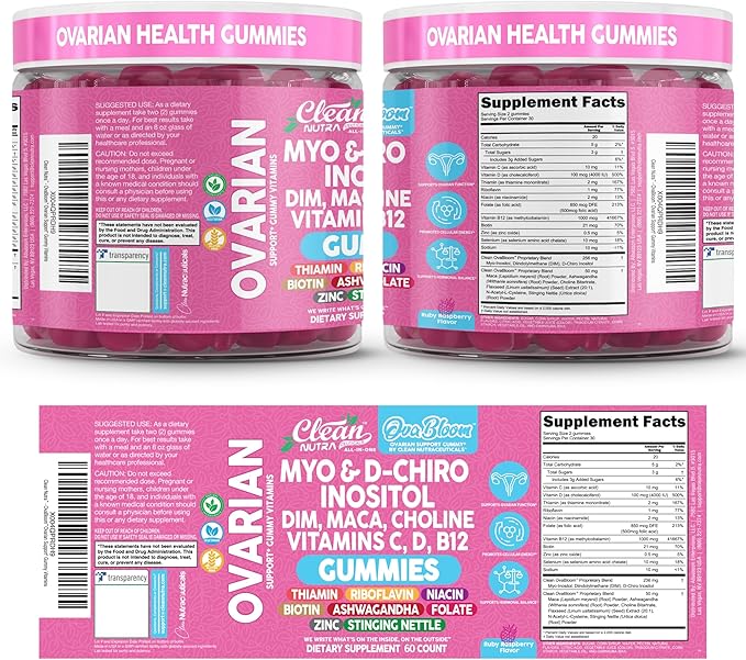 OVA Bloom Ovarian Support Gummies Myo Inositol D-Chiro Inositol Choline Flax Biotin Riboflavin Thiamin Niacin Ashwagandha DIM Maca Root Vitamin C D3 B12 Zinc 60 Count By Clean Nutra