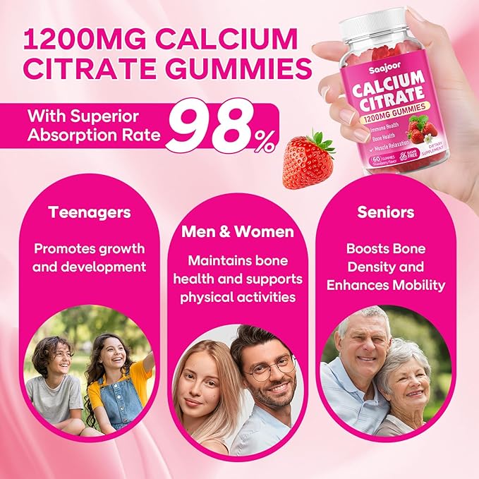Calcium Citrate Gummies 1200 mg - High Absorption Calcium for Strong Bones, Muscles & Immune Support - Vegan, Non-GMO, Natural Strawberry Flavor, 60 Count
