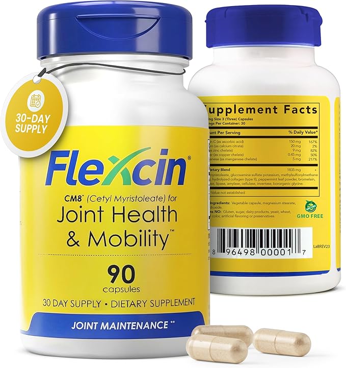 Flexcin Joint Health & Mobility Formula with CM8 (Cetyl Myristoleate) - Joint Supplements for Men and Women with Glucosamine, MSM, Collagen Type II - 90 Capsules