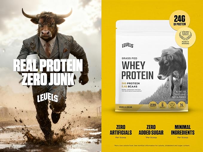 Levels Grass Fed Whey Protein Powder, No Artificials, 24G of Protein, Vanilla Bean, 1LB