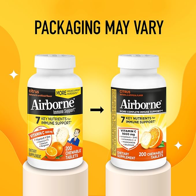 Airborne Citrus Chewable Tablets, 200ct | Immune Support Supplement with 1000mg Vitamin C + Vitamins A, D, E, Zinc,Selenium, & Manganese | Herbal Blend | Gluten Free