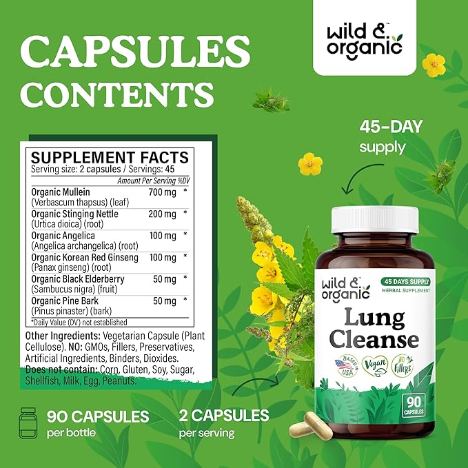 Wild & Organic Lung Cleanse Capsules - Lung Support Supplement with Mullein Leaf, Stinging Nettle, Angelica & Korean Panax Ginseng Powder - Vegan, No Fillers, Non-GMO - 90 Count