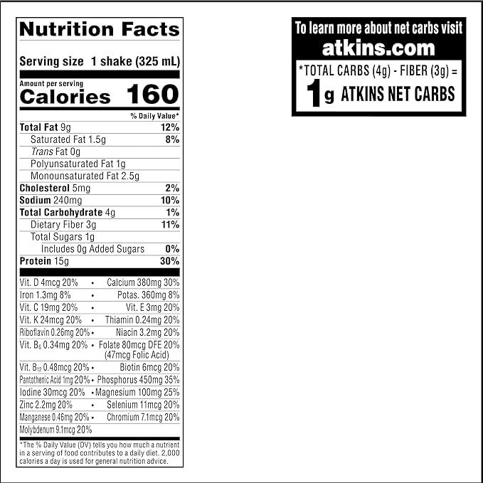 Atkins Creamy Vanilla Protein Shake, 15g Protein, Low Glycemic, 2g Net Carb, 1g Sugar, Keto Friendly, 12 Count (Pack of 2)