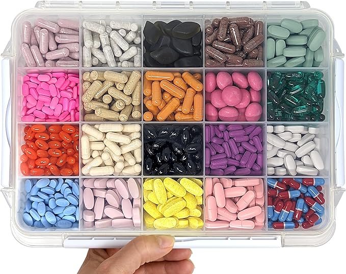 20 Compartment UV Protected Large Cobalt Blue Pill Case with Airtight Seal, Spill Proof, Silicone Gasket Waterproof Med Box with Medication Map (Black and Clear, 20 Compartment - 2 Pack)