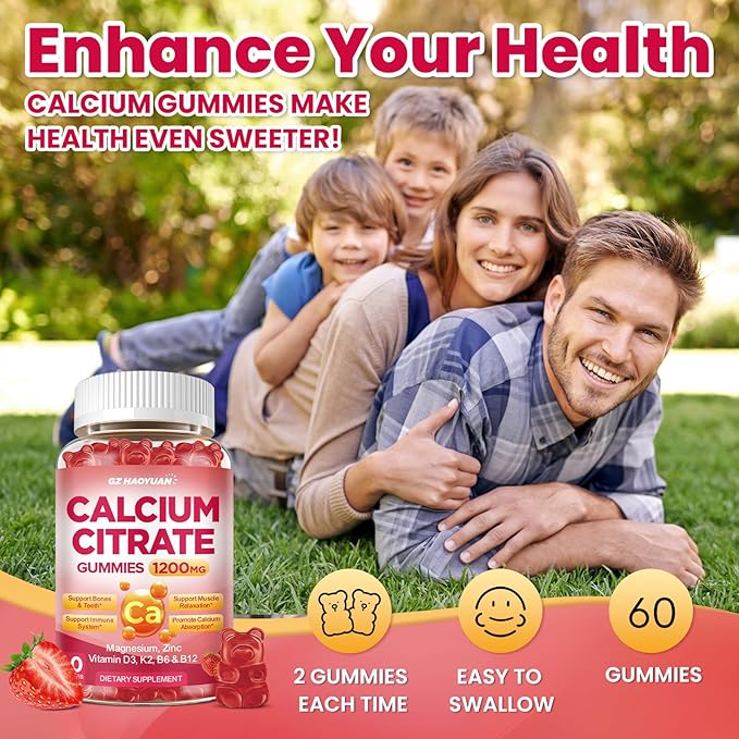 Calcium Citrate Gummies - 1200mg Calcium Gummies Supplements for Women & Men with Vitamin D3, K2, Magnesium, Zinc High Absorption for Bone, Muscle & Immune Support, Strawberry Flavor, 60 Count