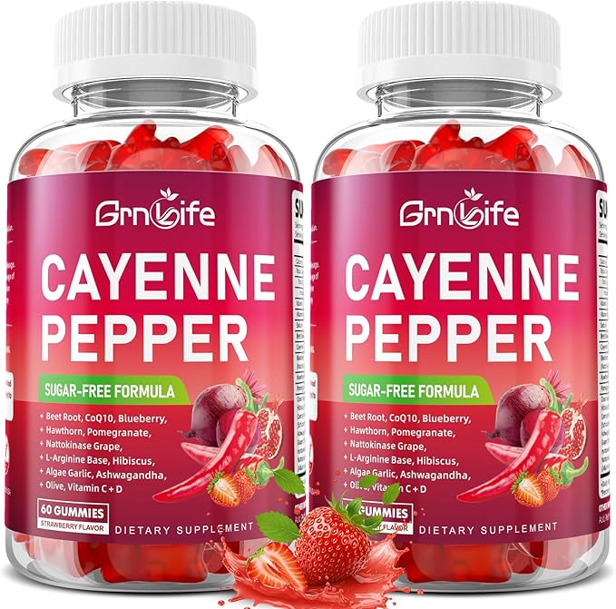 2 Pack Cayenne Pepper Beet Root Gummies, with Beetroot Garlic CoQ10 Hawthorn Berry Grape Seed Extract Olive Leaf Nattokinase Hibiscus Vitamin D Nitric Oxide, Support Overall Wellness, 120 Count