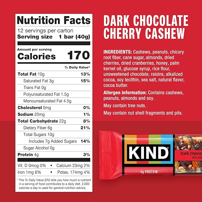 KIND Nut Bars, Dark Chocolate Cherry Cashew, Healthy Snacks, Gluten Free, 4g Protein, 12 Count