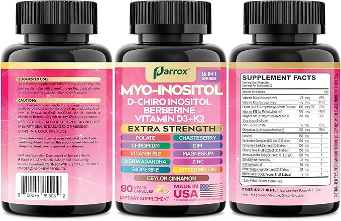 Myo Inositol Supplement, D-Chiro Inositol, Folate, DIM, Vitamin D3, B12, K2, Chromium, Bioperine, Ceylon Cinnamon, Zinc, Ashwagandha, Chasteberry, Magnesium, Berberine (90 Vegan Capsules)