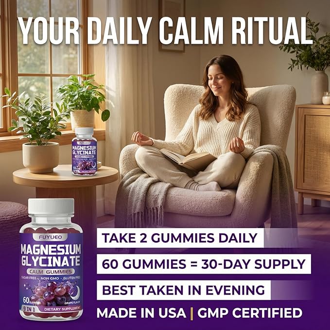 Magnesium Glycinate Gummies, Sugar Free, High Absorption, Gentle on Stomach, Chewable, Grape Flavor, 60 Count (Pack of 1)