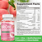 Iron Gummies with Multivitamin, Iron Supplement for Women & Men, Kids Multivitamin with Iron, Zinc, Vitamin B Complex & C, B12, Folate - Blood Builder, Energy Support, Peach Flavor, Vegan 60 Gummies