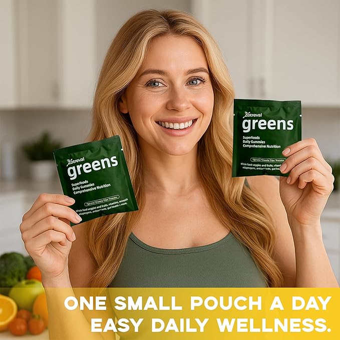 Daily Greens, Superfood Green Gummies Packets - Digestive & Gut Health, Chlorella and Spirulina Supplement with 20+ Organic Prebiotics Fiber Vitamins & Minerals - 224 Low Sugar Gummy