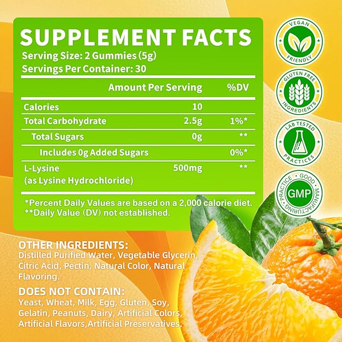 L-Lysine Gummies 500mg, Lysine Gummies Supplement for Immune Support & Skin Health, Collagen Formation Support, Vegan, Gluten Free Chewable Supplement for Adults & Kids, Orange Flavor, 120 Count