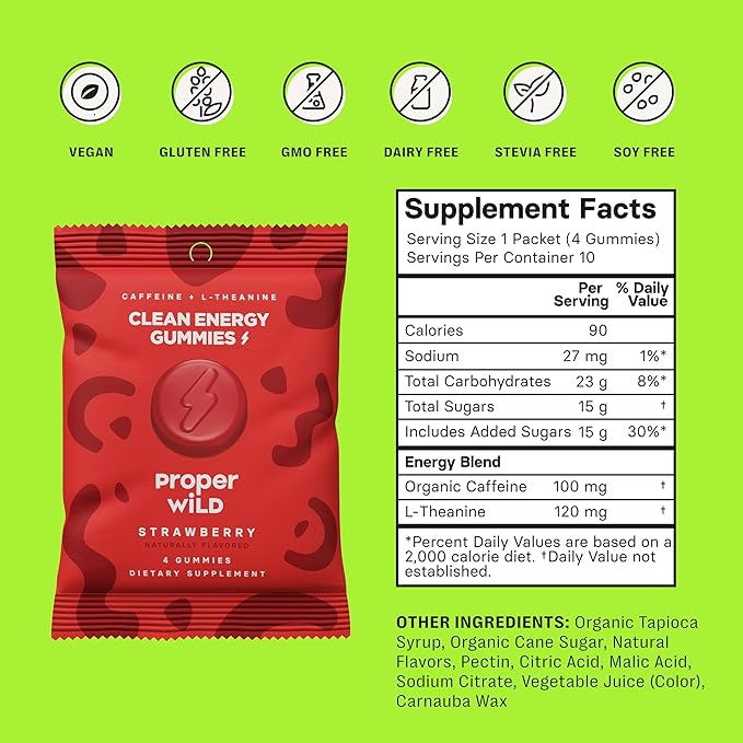 Proper Wild Energy Chews & Gummies for Focus & Clean Energy, Vegan with L-Theanine & Organic Caffeine, Plant-Based, Gluten-Free, Non-GMO, Strawberry (10-Pack)
