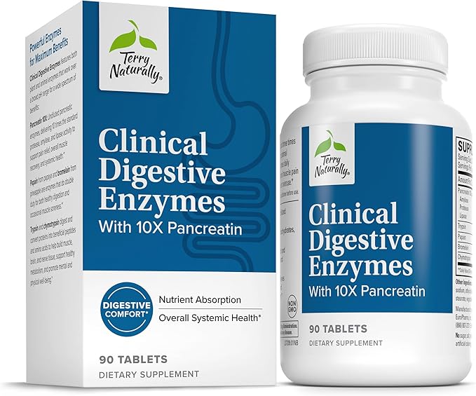 Terry Naturally Clinical Digestive Enzymes - Digestion Supplement for Nutrient Absorption - Includes Undiluted Pancreatic Enzymes - Gluten-Free, Dairy-Free & Non-Soy - 90 Tablets (45 Servings)
