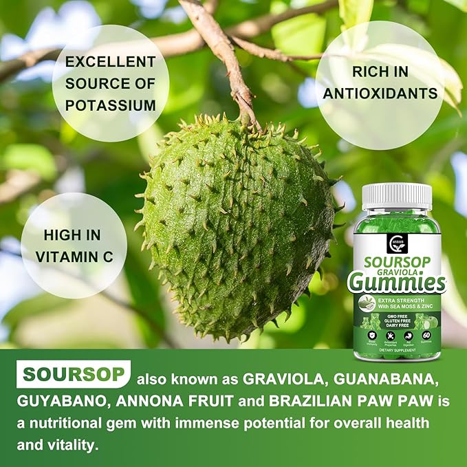 Organic Soursop Graviola Gummies - 2200mg Extra Strength Soursop Leaves Extract w/Sea Moss Extract 200mg, Zinc & Vitamin C - Supports Immunity, Liver, Zzz & Antioxidant, Gluten Free, Vegan, 60 Gummies