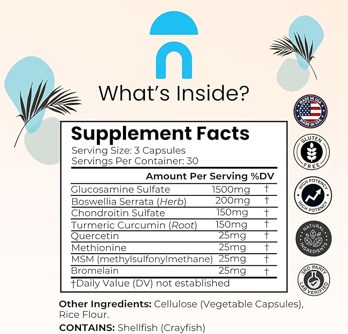 NutriRise Glucosamine Chondroitin Quercetin & MSM with Turmeric Curcumin 2100mg Triple Strength Joint Support Supplement for Women & Men with Boswellia & Bromelain, Gluten Free, Non GMO, 90 Count