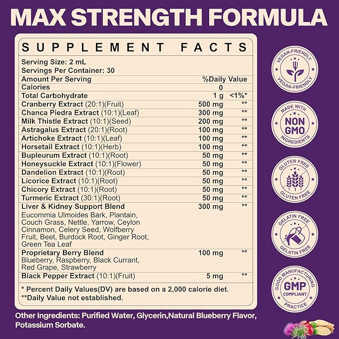 30-in-1 Kidney and Liver Cleanse Detox & Repair Drops with Cranberry Extract, Milk Thistle & Chanca Piedra, Vegan Kidney Support Supplement for Urinary Tract & Liver Support | Blueberry Flavor, 2P