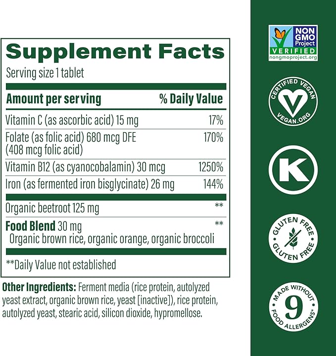 MegaFood Blood Builder Iron Supplement for Women & Men - Increase Iron Levels Without Side Effects - Combats Fatigue - with Vitamin B12, Folic Acid & Vitamin C for Absorption - Vegan - 180 Tablets