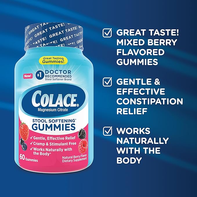 Colace Stool Softener Gummies, Gentle Dependable Constipation Relief Magnesium Citrate Gummies, No.1 Doctor Recommended Stool Softener Brand, Berry Flavored 60ct