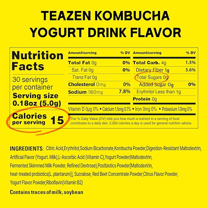 TEAZEN Yogurt Flavored Kombucha Powder, Hydration Drink Mix, Sugar Free, Live Probiotics & Prebiotics, On-the-Go 30 Packets, 5.29oz
