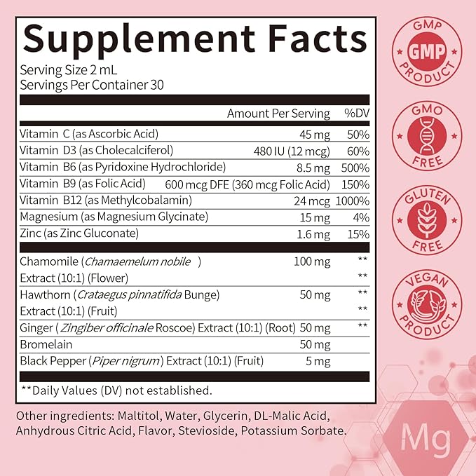 Magnesium Glycinate Liquid Drops with Chamomile, Hawthorn & Ginger for Stress Relief and Digestive Comfort, Fast Absorption, Non-GMO, Vegan Formula, Sugar Free, Strawberry Flavor, 2 Fl OZ