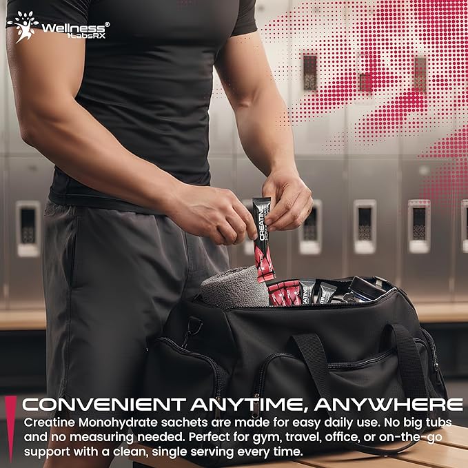 WELLNESS LABSRX Creatine Monohydrate Powder Sachets 300g – Fruit Punch Flavor Micronized Creatine Powder Supplement, Creatine for Women and Men, Supports Strength, Energy, Performance - 60 Servings