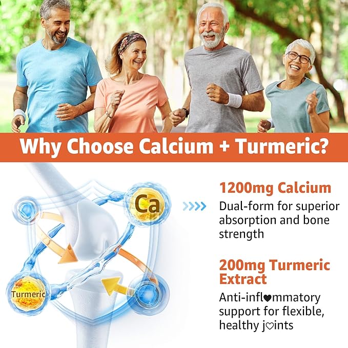 Calcium Gummies with Turmeric for Women & Men - Calcium 1200mg with Vitamin D3 K2 B12 5000 IU & Zinc, Suger-Free Calcium Supplement for Bone, Muscle Strength & Immune Support - Vegan(60 Count)