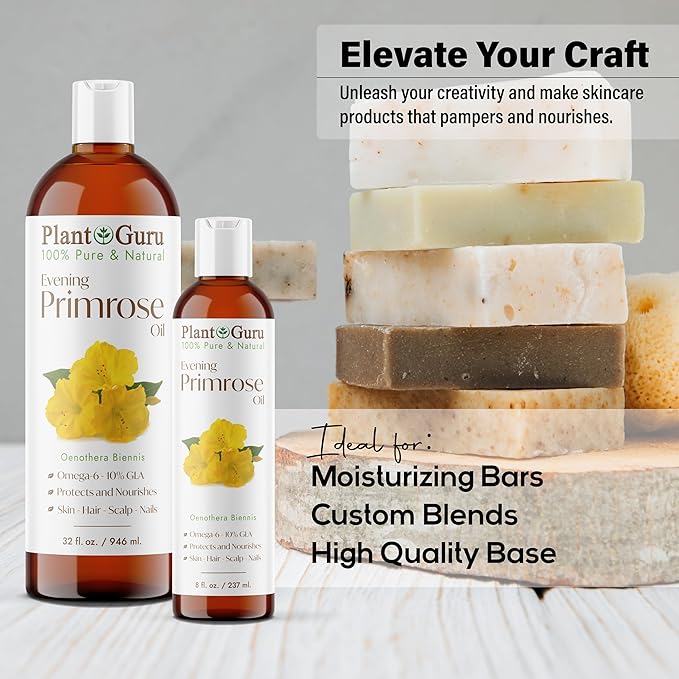 Plant Guru Evening Primrose Oil 16 fl. oz. Cold Pressed 100% Pure Natural Carrier - Skin, Face, Body and Hair Growth Moisturizer. Great For DYI Soap Making, Creams, and Lip balms.