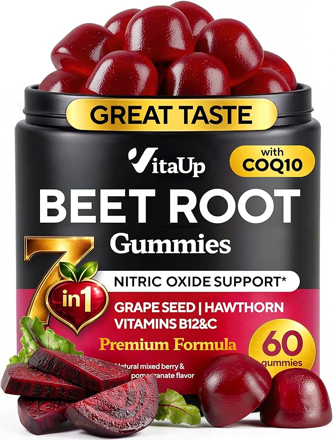 VitaUp Beet Root Gummies – Beetroot Supplement with CoQ10, Grape Seed, Vitamin C, B12 & B3 – Nitric Oxide Gummies for Circulation Support – Beet Supplement for Energy & Immune Support – 60 Beets Chews