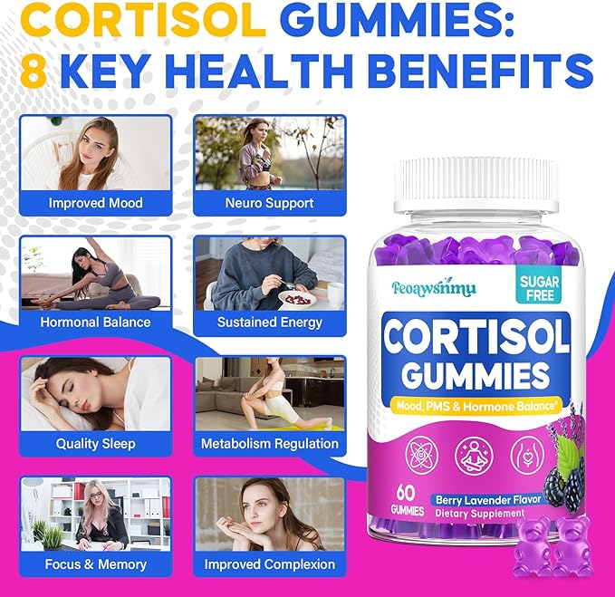 Cortisol Supplement for Women, Cortisol Reducer with Ashwagandha, Myo-Inositol, GABA & Saffron, Stress Relief, Calm, Sleep Support, Hormone Balance & PMS Support, Sugar Free Vegan Gummies, 180 Count