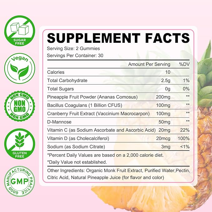 Feminine Balance Gummies for Women, Premium PH Balance Supplement with Vitamin C & D for Women's Vaginal Health & Immune Support, Vegan, Pineapple Flavor, 120 Count
