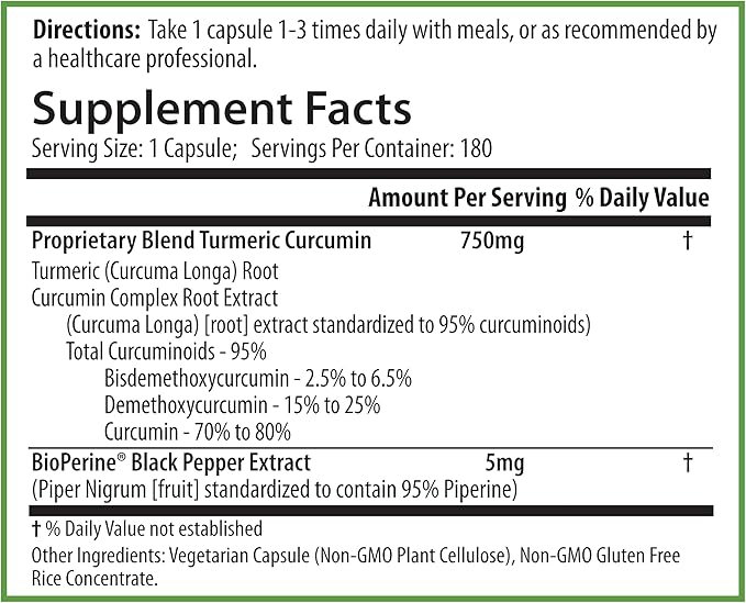 PURE® Turmeric Curcumin 750mg with BioPerine® - 180 Capsules, 6 Month Supply - High Absorption Joint Support & Anti-Inflammatory Supplement - 95% Curcuminoids Antioxidant Complex - Made in USA