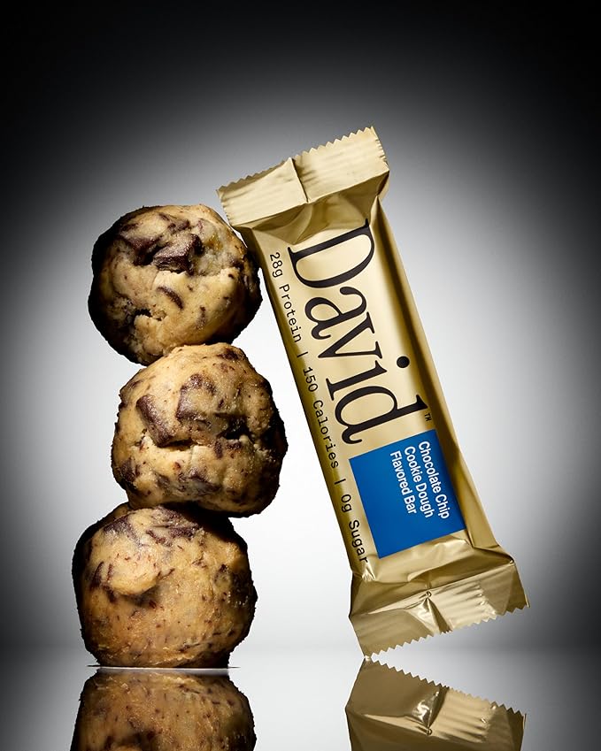 David High Protein Bars - 0g of Sugar, Low Carb, Gluten Free - 28g of Protein, 150 Calories - On-The-Go Snack - Chocolate Chip Cookie Dough Flavor, Pack of 12