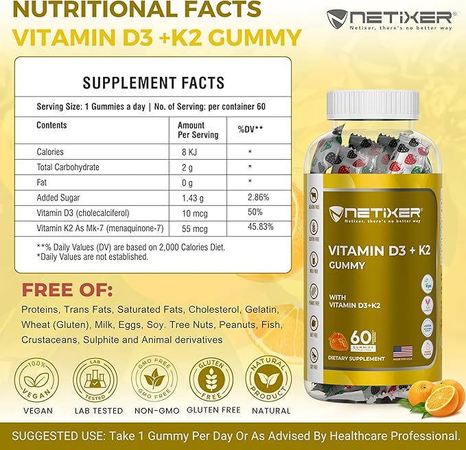 Vitamin D3 K2 Gummies for Adults – 60 Vegan Orange Gummies | 400 IU (10 mcg) D3 + 55 mcg Vitamin K2 MK-7 | Individually Wrapped, Gelatin-Free, Gluten-Free, Non-GMO | Halal Certified