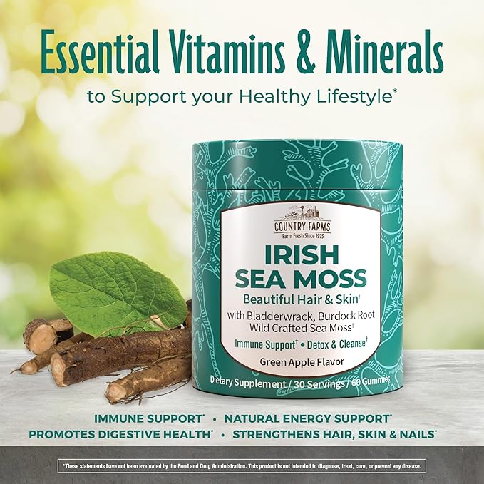 COUNTRY FARMS Irish Sea Moss Gummies, 2000mg Irish Moss, Burdock Root, Bladderwrack for Immune Support, Promotes Digestive Health, Skin and Hair Support, Pectin Based, Vegan, Gluten Free, Green Apple