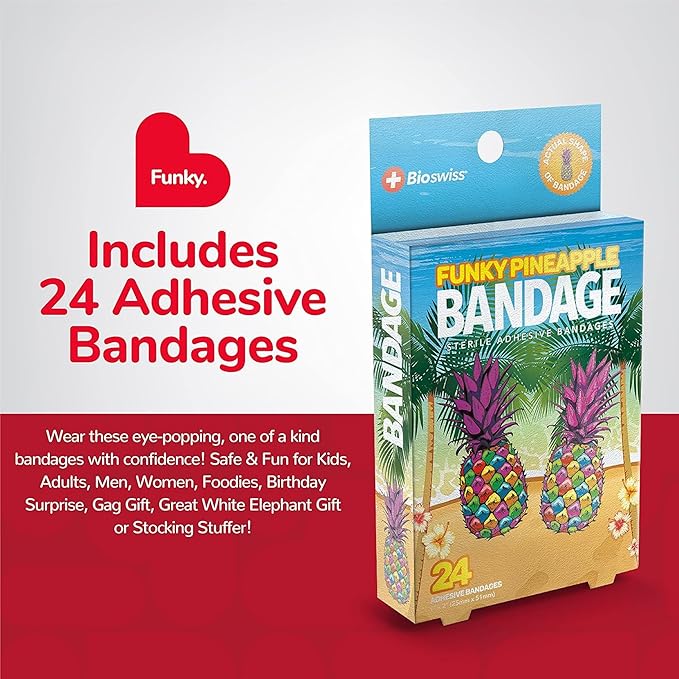 BioSwiss Bandages, Funky Pineapple Shaped Self Adhesive Bandage Set, Latex Free, Sterile Wound Care, 24 Count