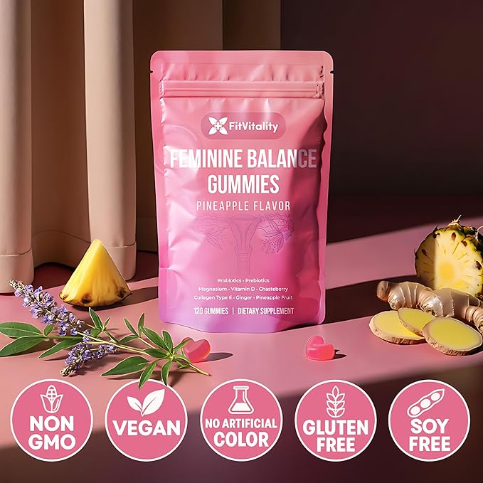 Premium 120 Feminine Balance Gummies – Probiotics, Collagen Type II, Chasteberry, Vitamin D & Magnesium – Gluten-Free, Pineapple Flavor, Vegan