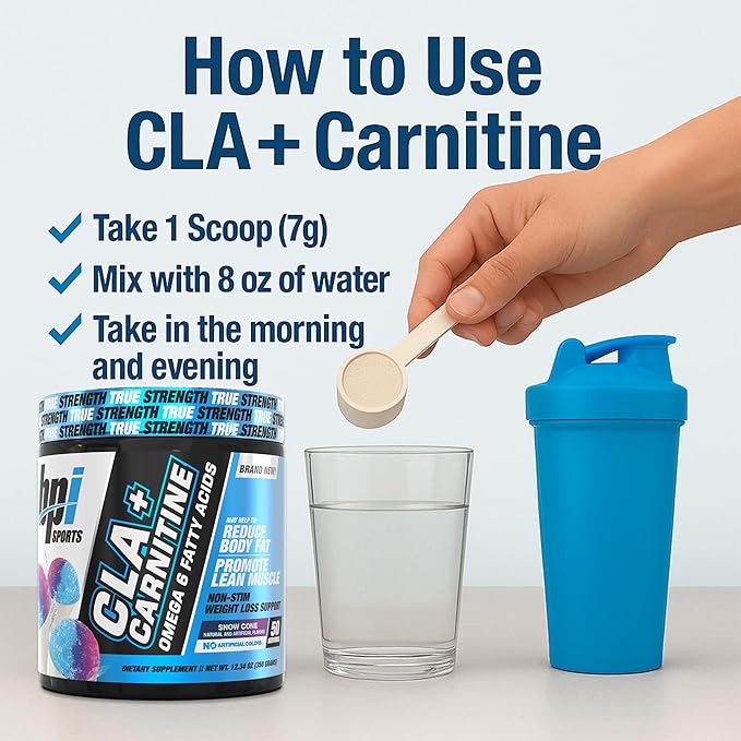 BPI Sports CLA+Carnitine – CLA L Carnitine & Linoleic Acid – L Carnitine Supplement for Weight Loss, Metabolism & Lean Muscle – Caffeine Free – Snow Cone – 50 Servings – 12.34 oz