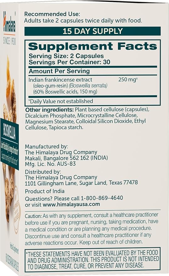 Himalaya Boswellia, Joint Support for Mobility and Flexibility, Promotes Tissue Preservation, 250 mg, 60 Capsules, 1 Month Supply, 2 Pack