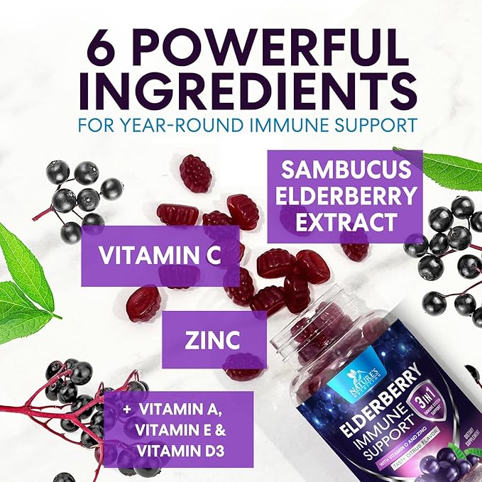 Elderberry Gummies - Black Elderberry Extract Immune Support Gummy with Vitamin C, D3 and Zinc - Sambucus Immune Health Support Supplement for Kids & Adults, Black Elder Berry Vitamins - 120 Gummies