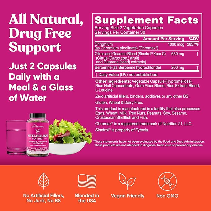 Metabolism for Her - Appetite & Metabolism Support for Women - Curb Cravings, Reduce Caloric Intake & Promote Feelings of Fullness - Berberine, Chromium Picolinate & Guarana - 60 Veg Capsules